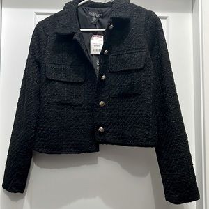 Black Rachel Zoe suit jacket with pockets and gold buttons